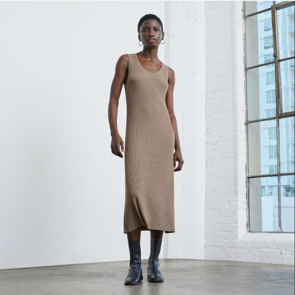 Everlane The Ribbed Midi Dress Burnt Sugar Sleeveless Viscose Small NEW NWOT - Picture 1 of 7